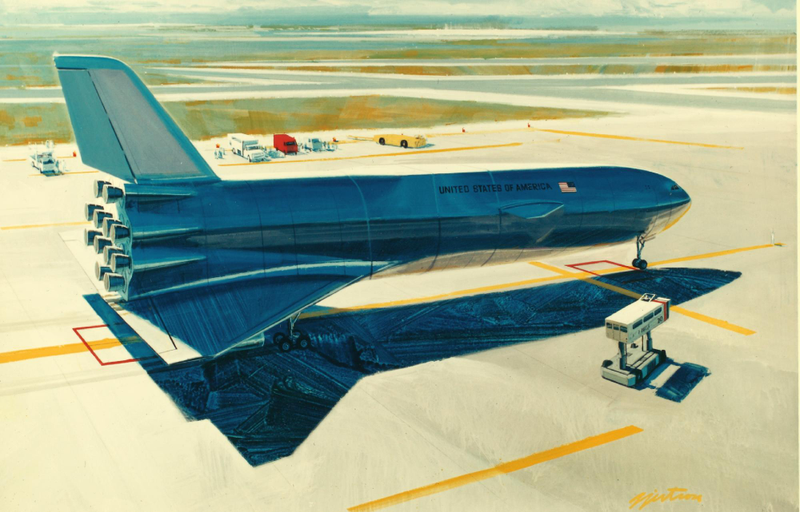 Illustration for article titled This concept art from the Shuttle Program's early days is gorgeous, deliciously retro